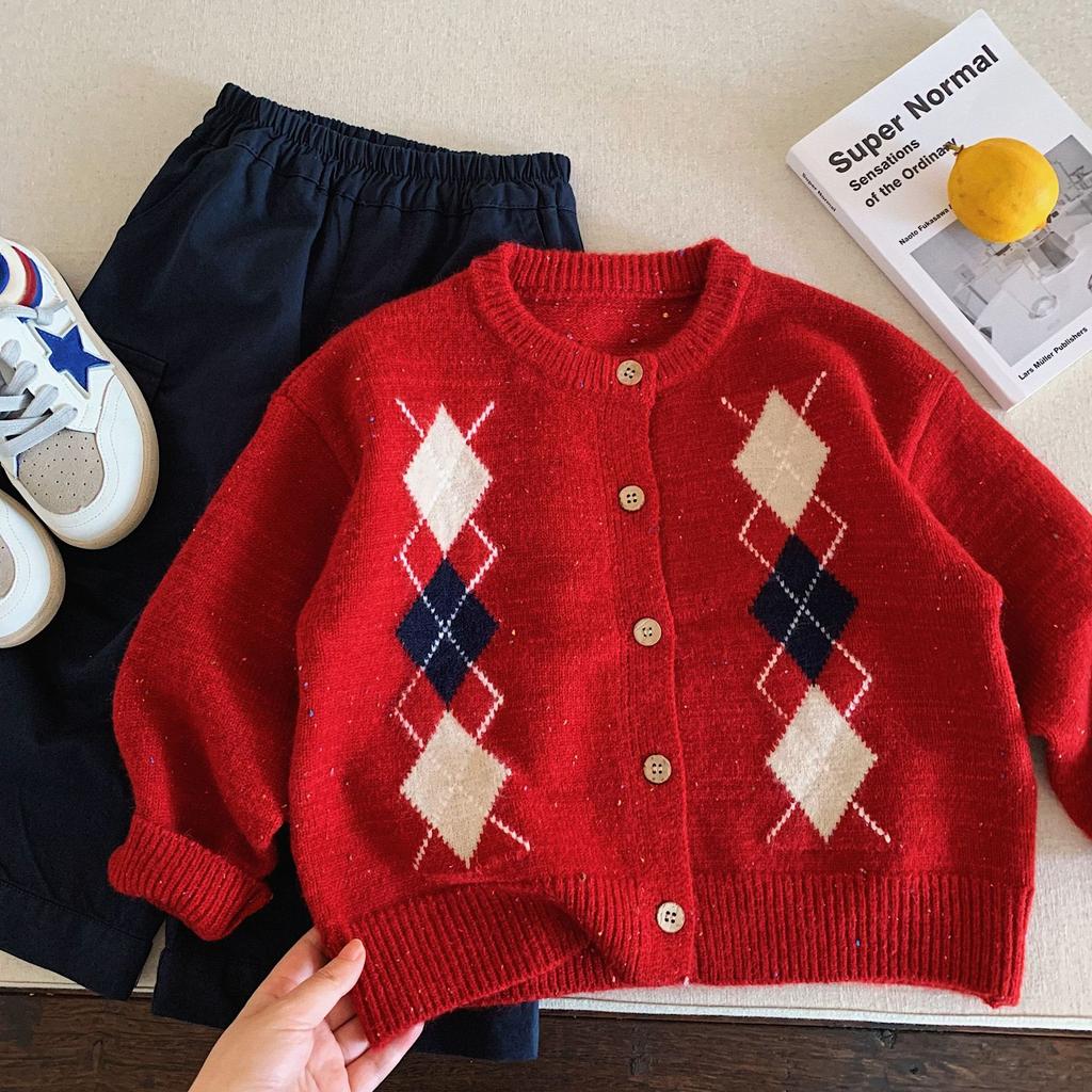 Children'S Sweater Autumn New Boys Retro Rhombus Knitted Cardigan Baby Girl Spring And Autumn Clothes