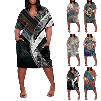 Robe d'été grande taille col V manches courtes genou poche imprimé décontractée pour femmes