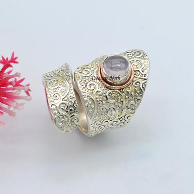 Christmas Gift Rose Quartz Gemstone Artistic Ring 925 Sterling Silver Jewelry