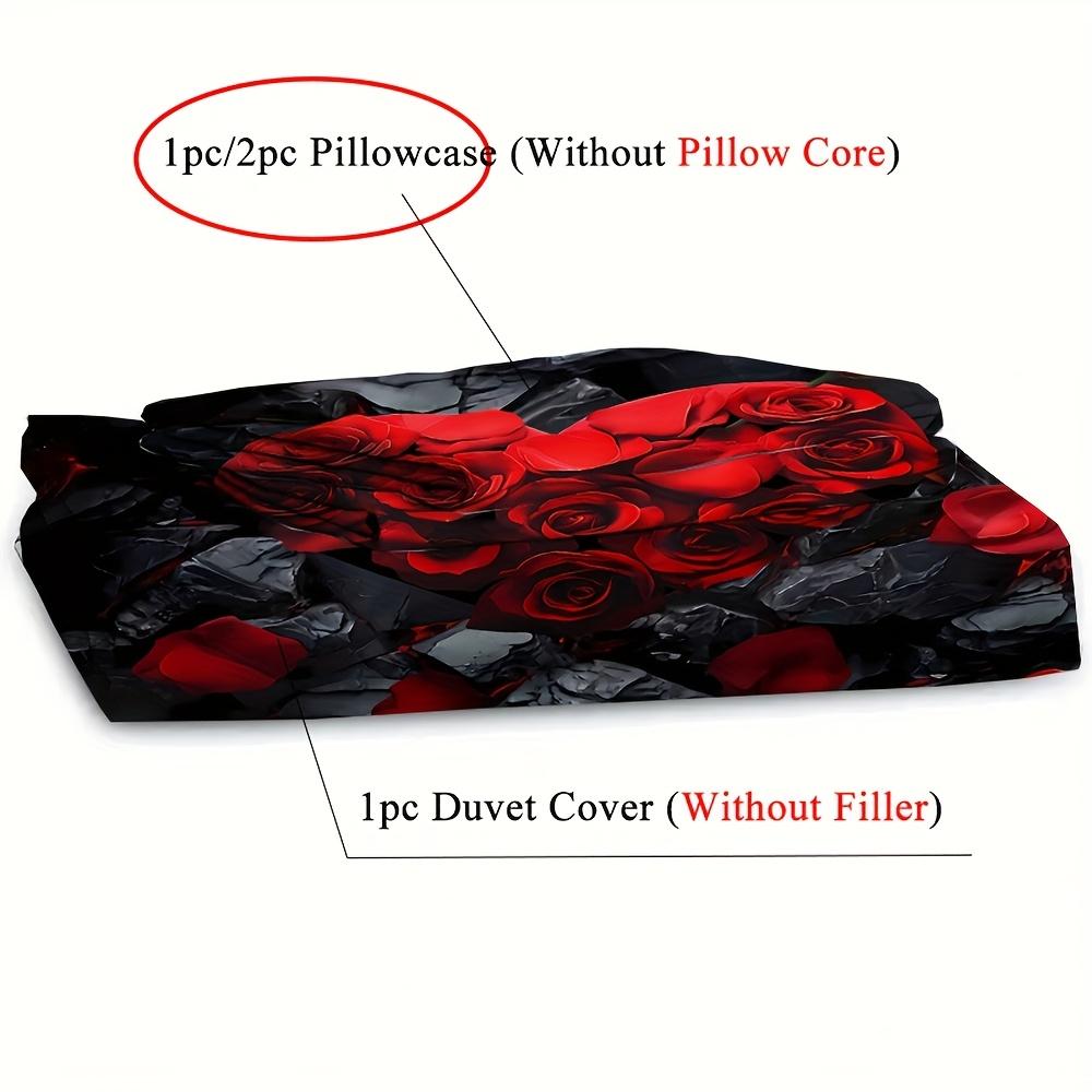 2/3pcs Romantic Love Red Rose Floral Duvet Cover Set (1*Duvet Cover + 1/2*Pillowcases, Without Core), Machine Washable - Perfect