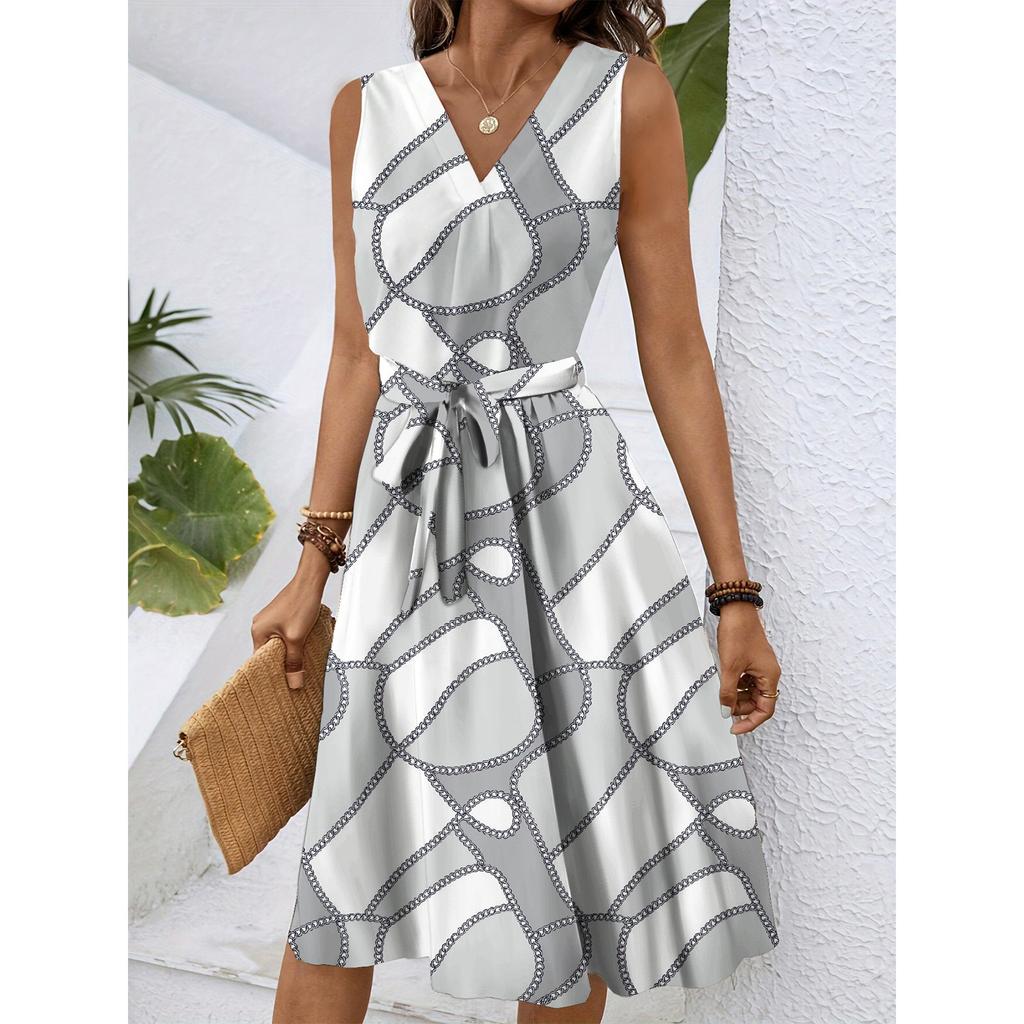 Women's Spring And Summer Casual V-Neck Sleeveless Waist Floral Print Midi Dress