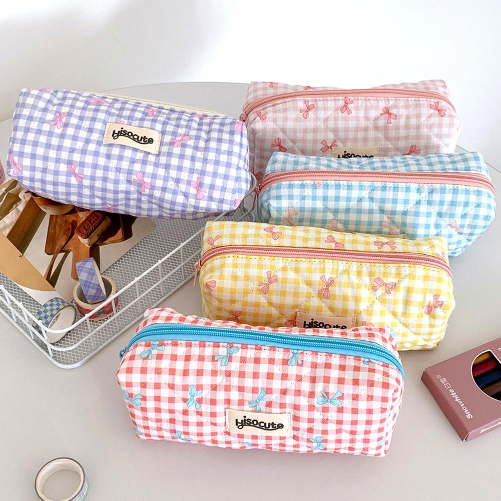 Cute Color Blocking Checkered Pencil Case, Girls' Stationery Storage Bag, Large Capacity Cosmetics and Miscellaneous Storage Bag