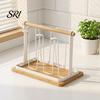 Nordic Style Cup Holder Iron Drying Rack with Wood Handle & Drip Tray Baby Bottle Plastic Dryer Space-Saving Countertop Organizer for Mugs Glasses