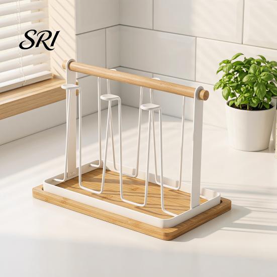 Nordic Style Cup Holder Iron Drying Rack with Wood Handle & Drip Tray Baby Bottle Plastic Dryer Space-Saving Countertop Organizer for Mugs Glasses