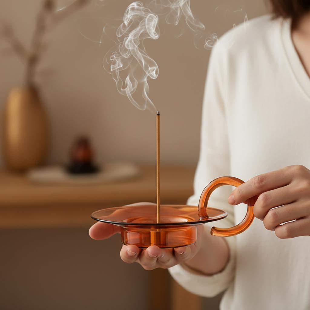 Glass Incense Holder Brass Nine-hole Incense Stick Holder with Glass Ash Catcher Incense Burner for Meditation Yoga Spa