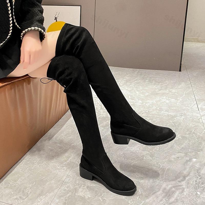 Fashion Women's Over Knee Elastic Boots 2025 Flat Bottom Velvet Long Tube Boots High Tube Round Toe Pure Color Simple Style Adult Shoes