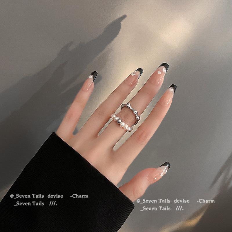 Elegant Double Layer Pearl Chain Adjustable Ring for Women Open Adjustable