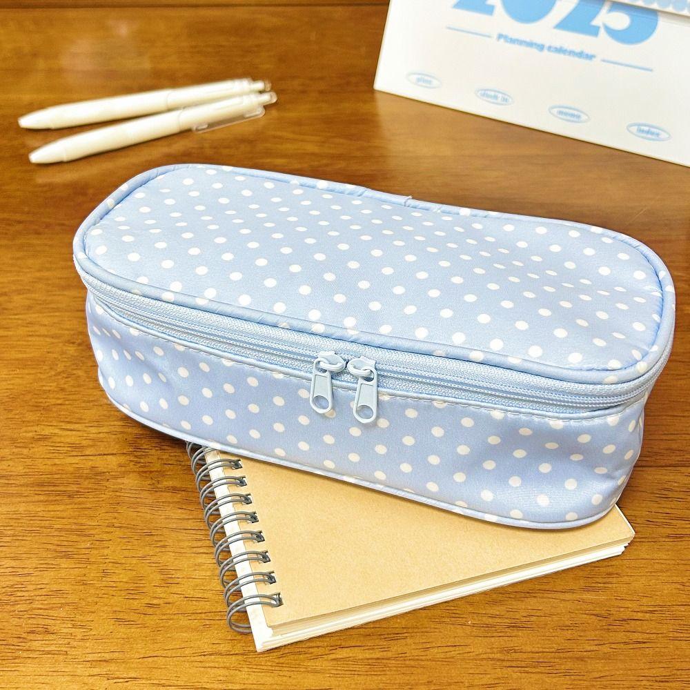 High Quality Blue Polka Dot Pencil Case Large Opening Design Large Capacity Stationery Pouch Pen Bag Students