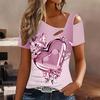 Women Heart-shaped Pattern Print Cold Shoulder Short Sleeve T Shirt Irregular Cutout Neck Casual Summer Blouse Top