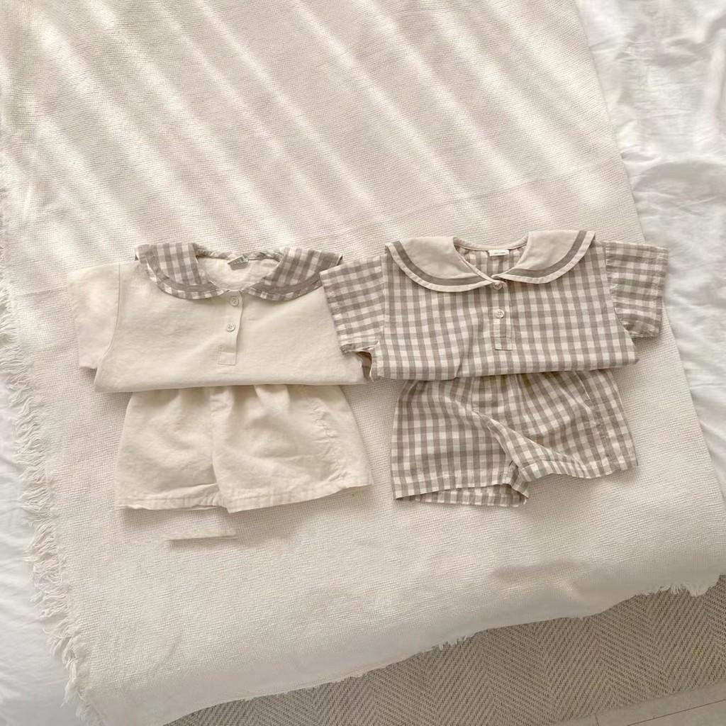 Adorable tenue d'été à carreaux en coton style coréen à manches courtes pour bébés garçons et filles