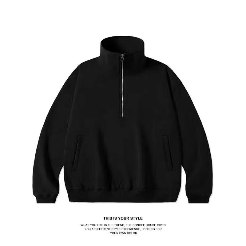 Men's Retro Half-Zip Stand Collar Hoodie - Spring/Autumn Trendy Heavyweight Streetwear Loose Pullover
