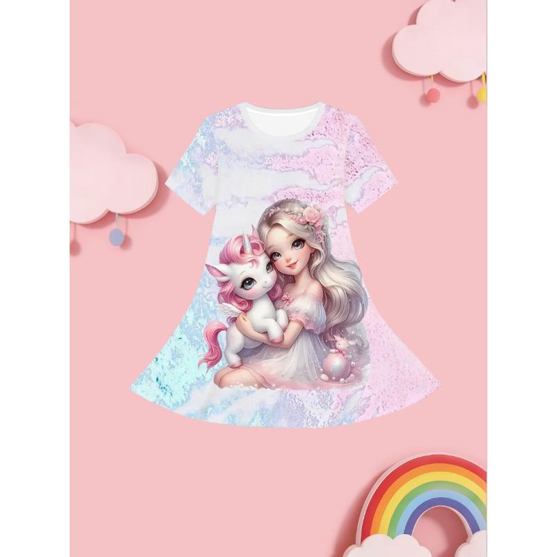 

Girls 3D Printed Pattern Summer Short-Sleeve Dress- Lightweight Beach Party Outfit, 110