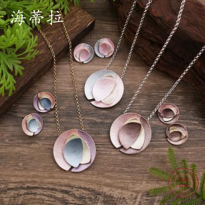 New Color Painting Oil Round Geometric Petal Stud Earrings Pendant Set, Women's Simple Flower Necklace