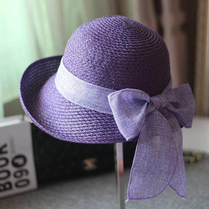 WTEMPO Однотонные складные солнцезащитные шляпы весна-лето женские широкополые дорожные пляжные дышащие шляпы с бантом 1pc фиолетовый