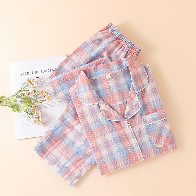 Pajamas women's pure cotton spring and summer thin unprinted plaid homewear short-sleeved trousers set loose large-size homewear