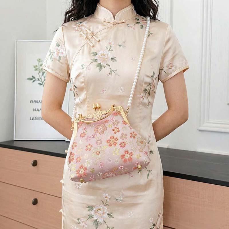 Elegante Floral Bestickte Stoff-Clutch-Tasche Damen Muschelform Abendtasche Mit Schloss Crossbody Oder Schulterverwendung