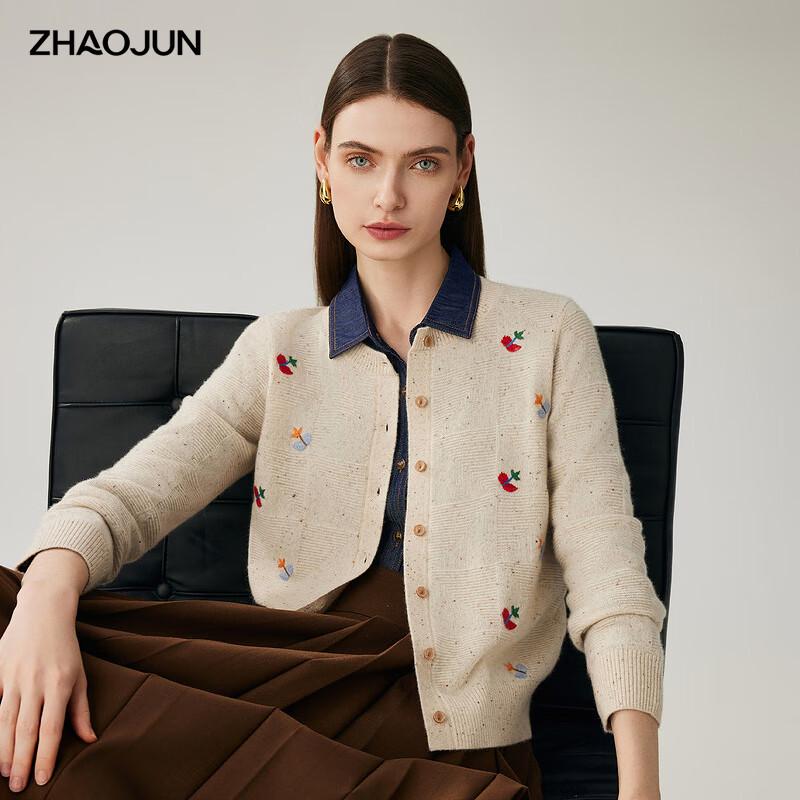 Zhaojun Women's 100% Cashmere Embroidered Cardigan Sweater