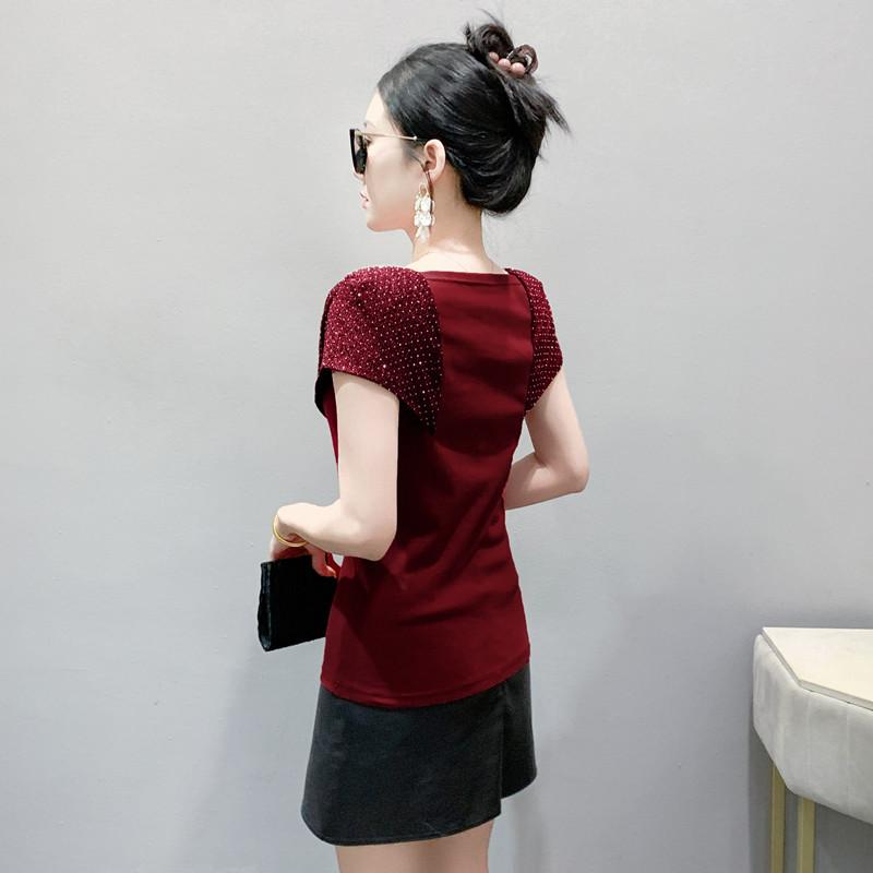 Summer Cotton Tops Streetwear Girl Sexy Square Neck Beading T-shirt Women's Shiny Diamonds Tees