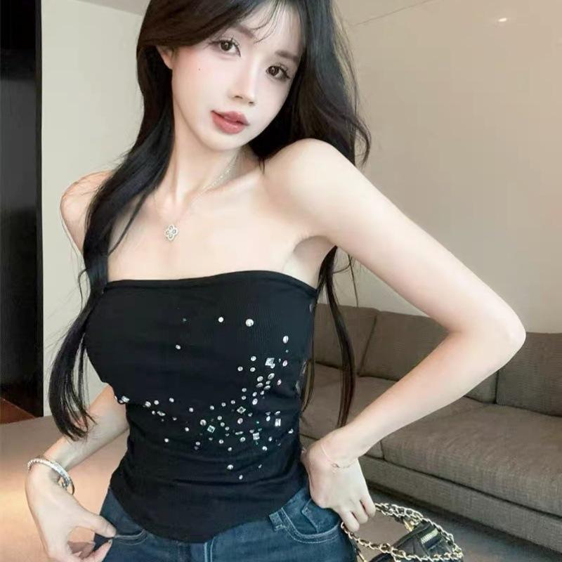 #Summer new pure desire sexy hot diamond back lace strap tube top slim one-piece with chest pad versatile