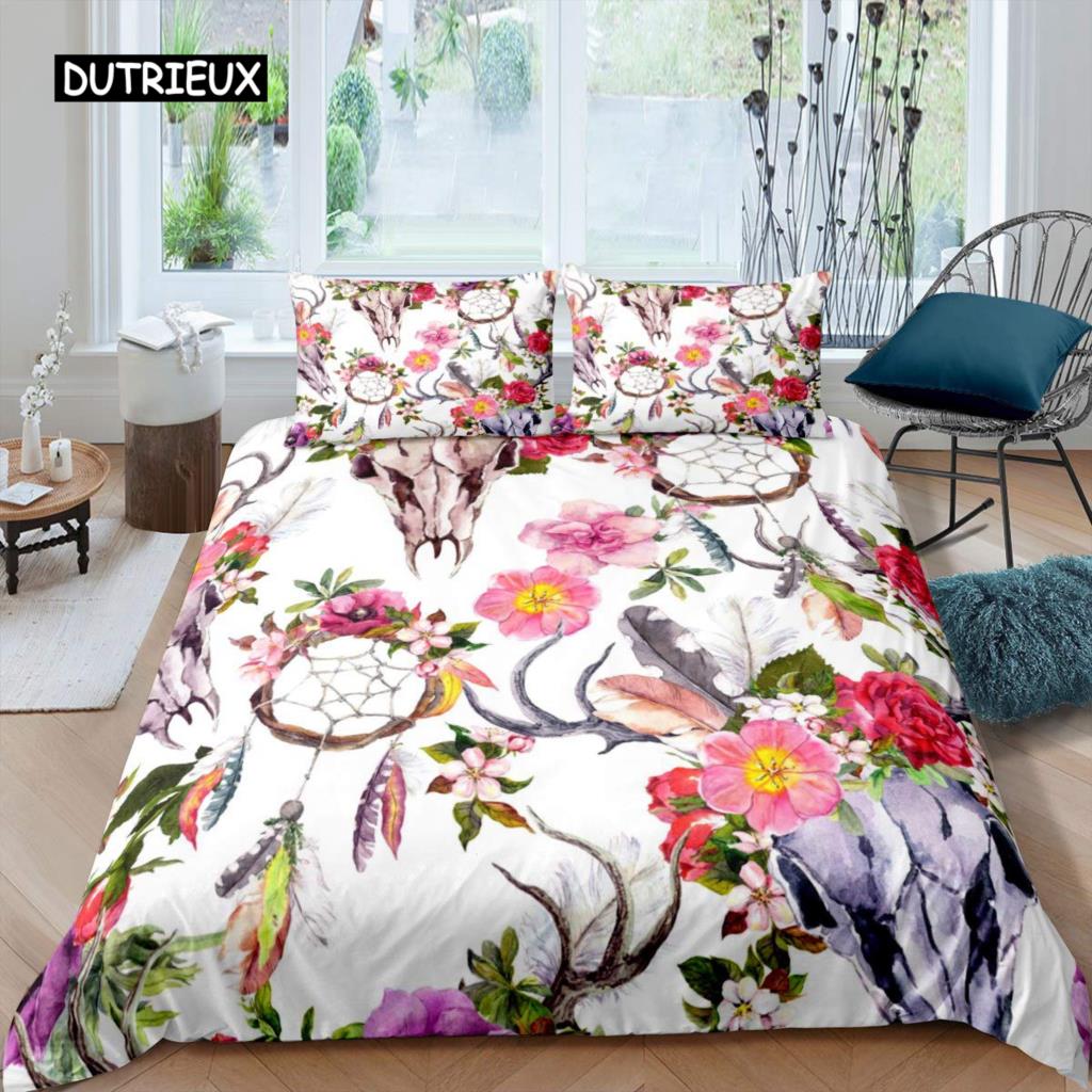 Stierschädel Bettbezug Set Boho Chic Feder Bettwäsche Set Böhmisch Exotische Zweige Blume für Teenager Mikrofaser King Steppdeckenbezug