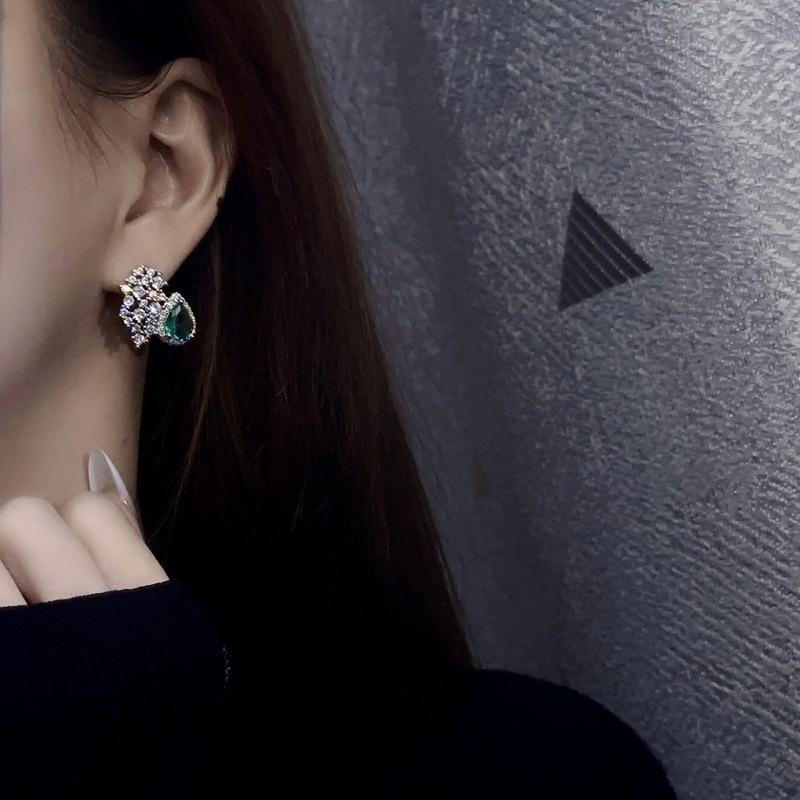 European-American Luxury Emerald Three-Piece Set: Open Ring, Ear Studs, Necklace with Full Diamond Inlay.