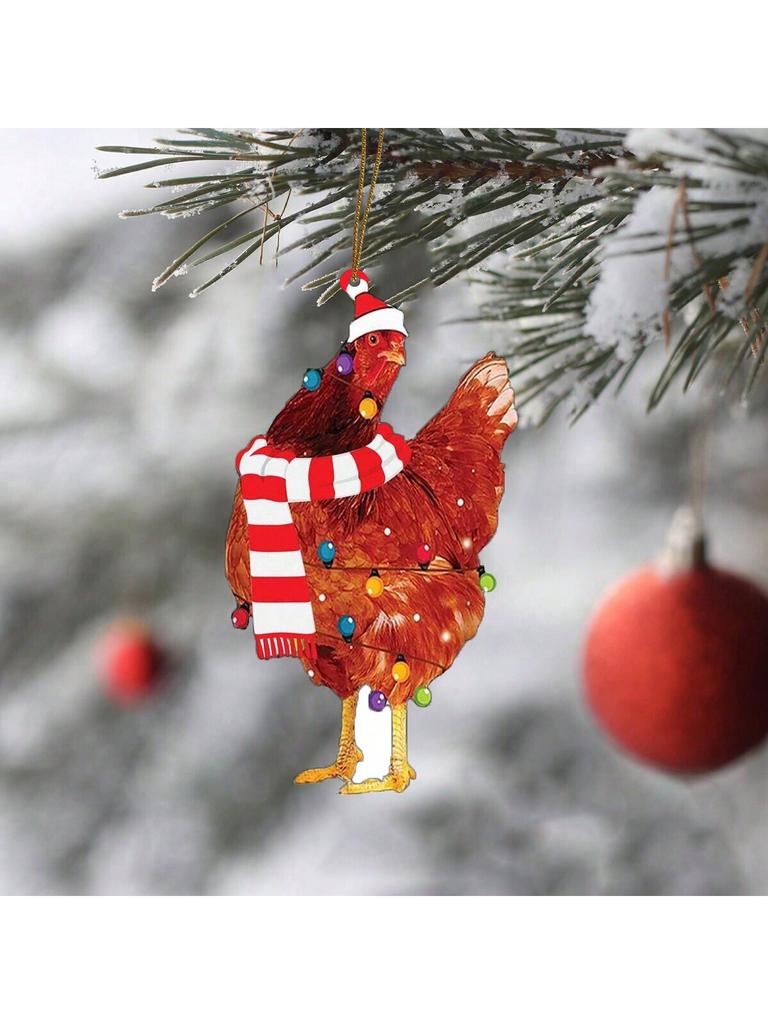 Cute Christmas Chicken Hanging Decoration Acrylic Rooster Ornament with Santa Hat & Scarf Pendant for Xmas Tree, Home&Party Gift