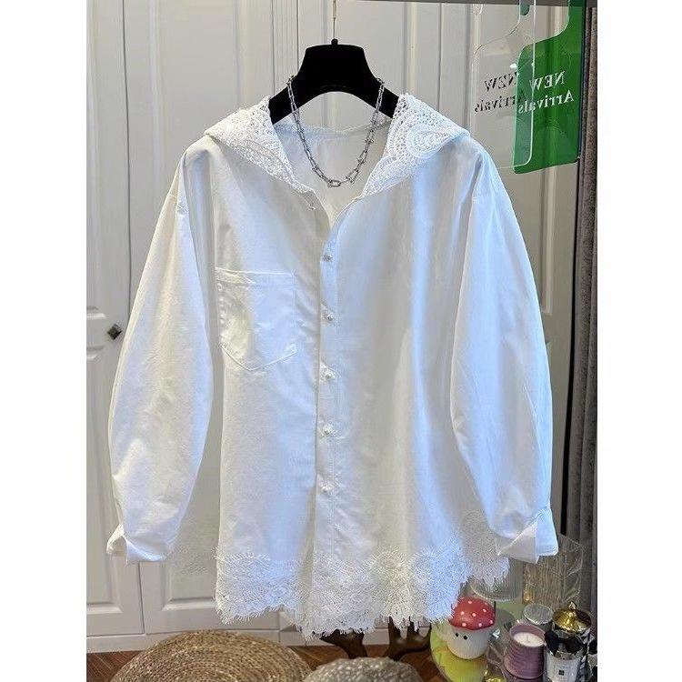 European Fashion Lace Hem Hooded Long Sleeve Women's Loose Shirt for Spring and Autumn