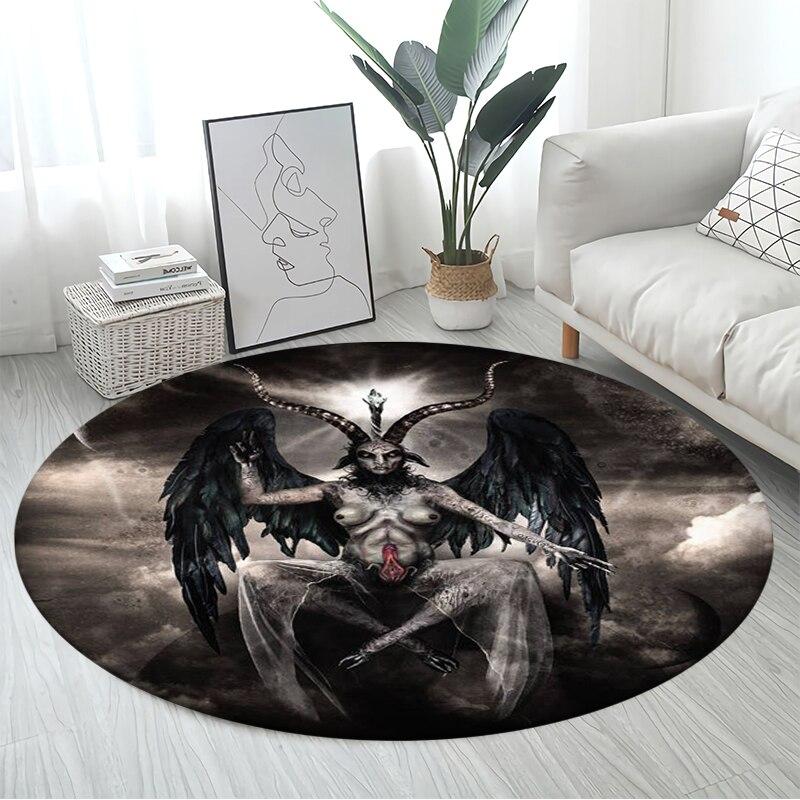 Skull Satanic Goat Pentagram Wing Demon Version Carpet Round Rugs Non-slip Area Rug for Living Room Bedroom Foot Pad Decoration