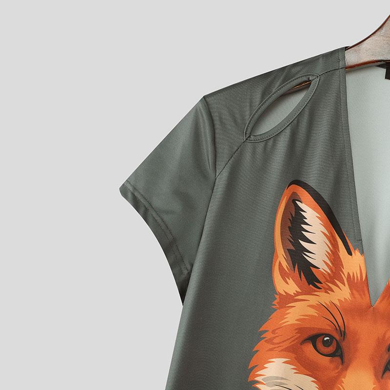 INCERUN Men Cutout V Neck Short Sleeves 3D Print Casual Fitted T-shirts Tops