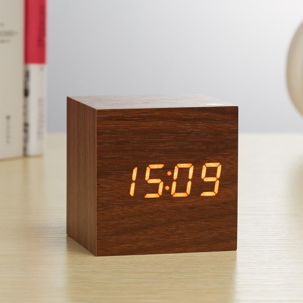 Mirror Wooden Silent LED Digital Alarm Clock with Voice Control for Students