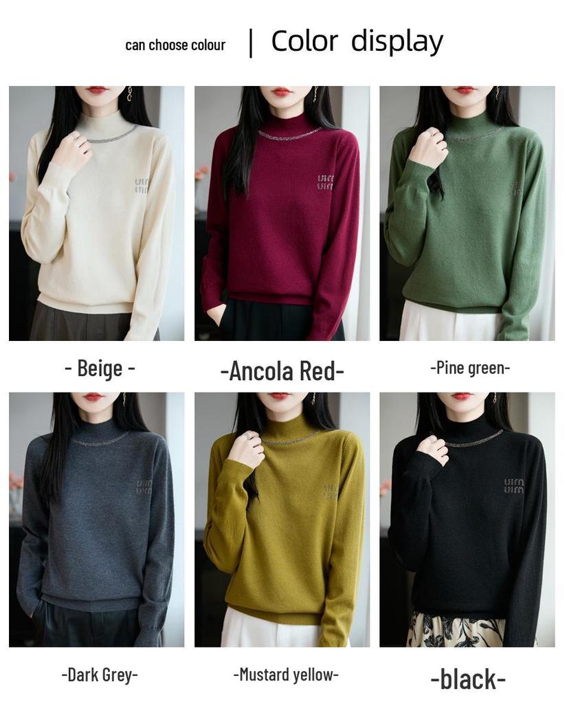 Autumn/Winter Rhinestone Semi-High Neck Knitted Sweater Top for Women
