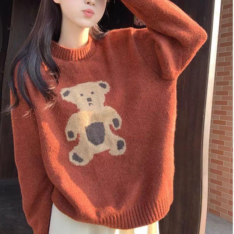 Women's Retro Teddy Bear Knit Sweater – Lazy Style Crew Neck, Long Sleeves, Winter Wear