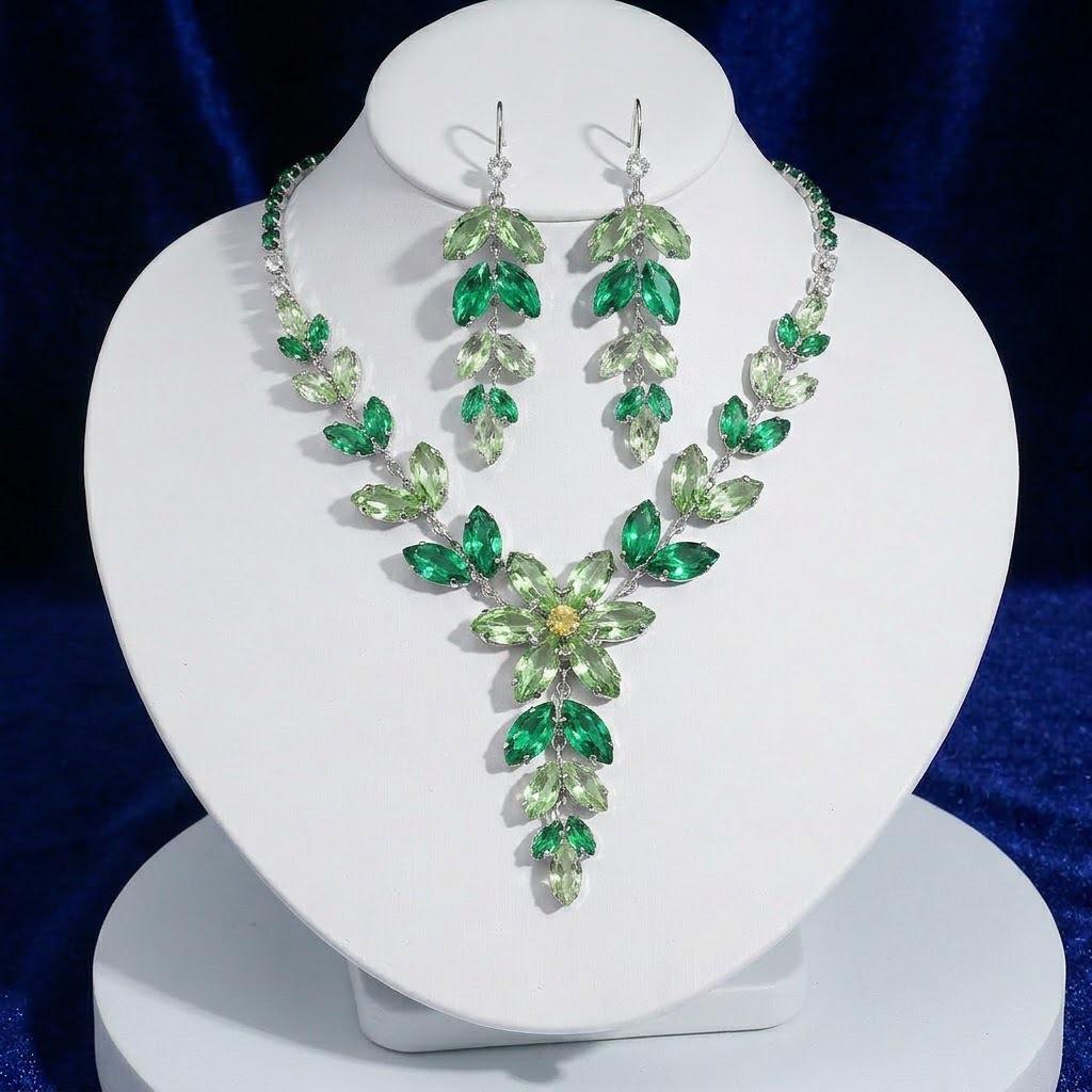 Green Tassel Wheat Ear Zircon Jewelry Set: Earrings & Necklace
