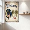 Vintage Witch Riding Crescent Moon Welcome to the High Life Metal Tin Sign Retro Distressed Wall Plaque for Bar Cafe Home Man Ca