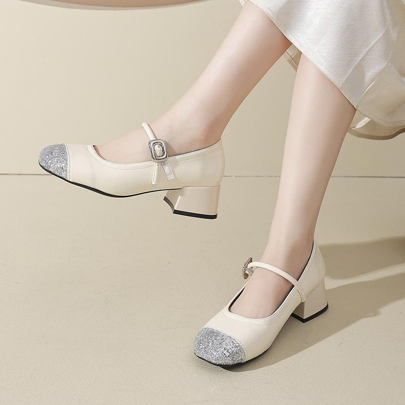One-word sequined light-mouth single shoes for women's autumn new Xiaoxiangfeng splicing is not tired of foot temperament square head thick heel even