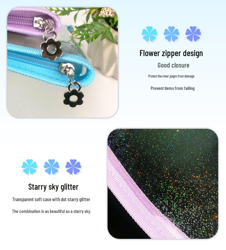 Japanese Style B5 Transparent 9-Hole Zipper Notebook with Gold Glitter - Loose-Leaf Diary & Schedule Planner