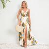 V-neck floral dress, women's summer slim-fitting split-ended long dress, temperament, celebrity style skirt, advanced sense