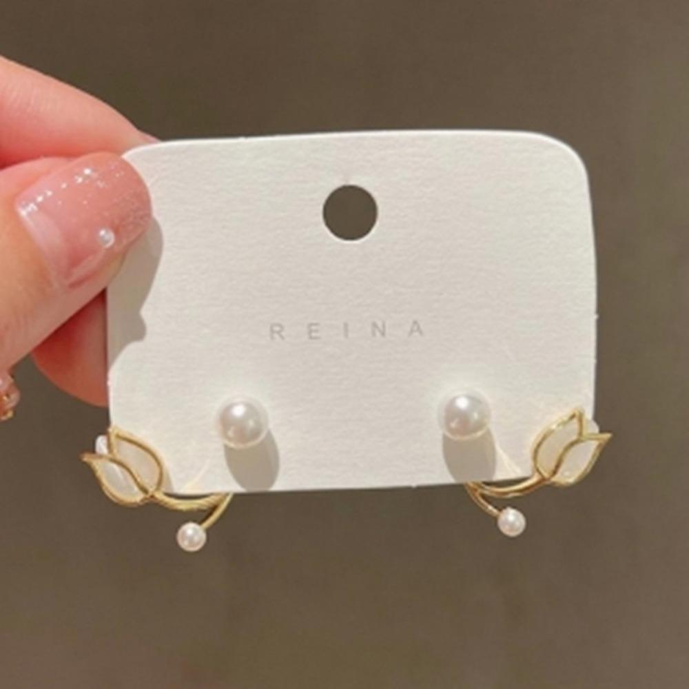 

Women Tulip Flower Opal & Pearl Clip Earrings Korean Style Cute Wedding Bride Jewelry Accessories Gift
