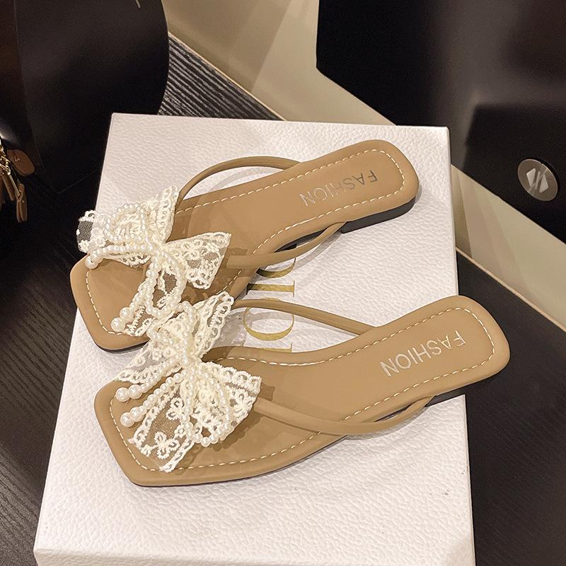 2025 summer new sweet transparent slippers women's outerwear bow open-toe hollow crystal fashion flip-flops