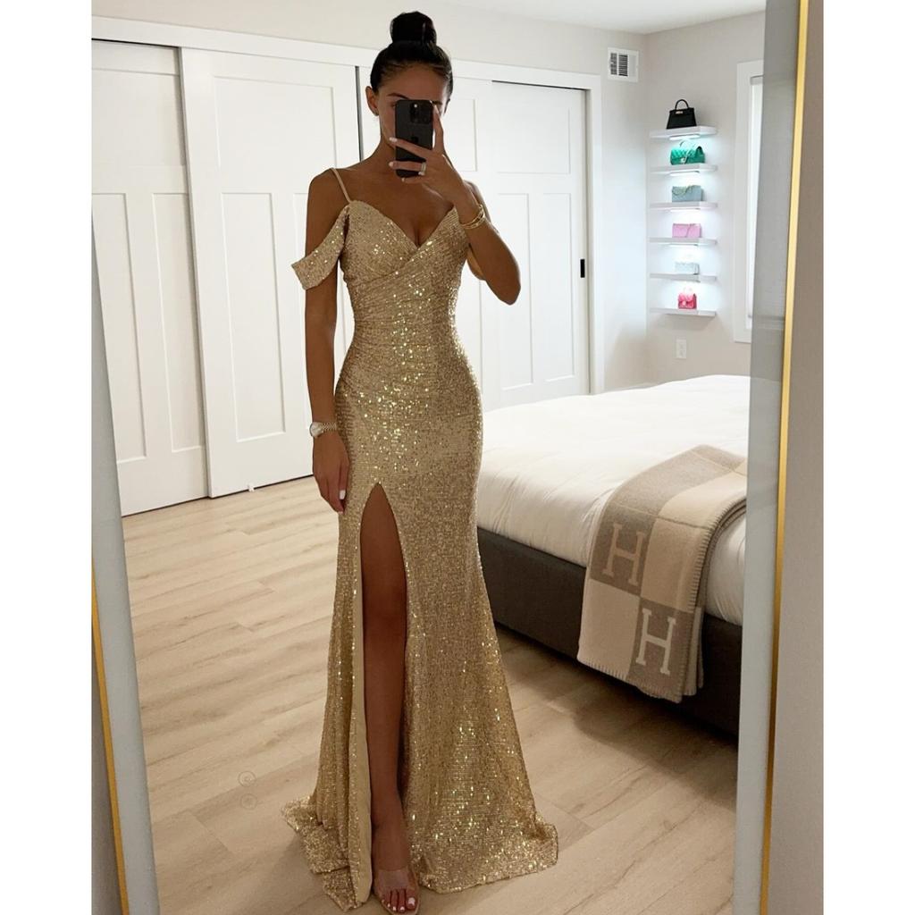 Women's V Neck Cold Shoulder Sleeveless Maxi Dress Mermaid Fit Mid Waist Elegant Sequin Slit Evening Gown