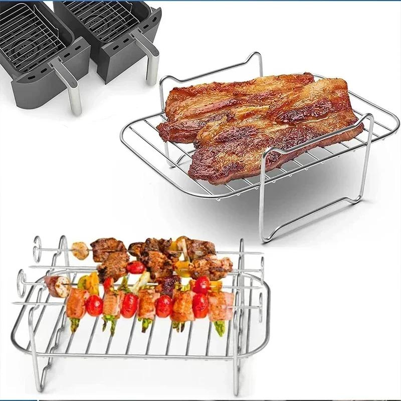 Kitchen Grill Air Fryer Rack for Ninja Dual Air Fryer with Barbecue Sticks for Double Basket Air Fryers Oven Microwave Baking