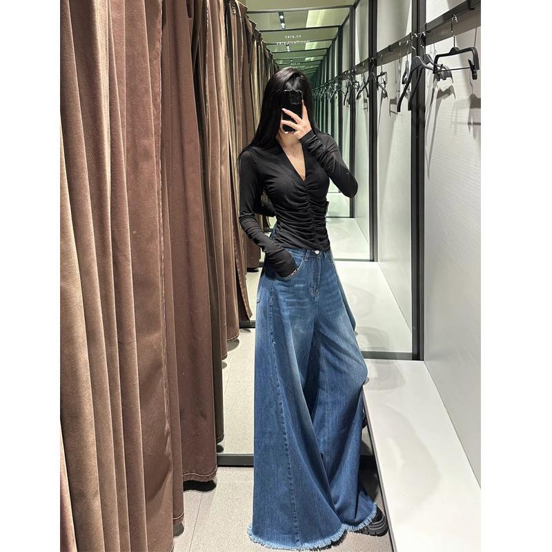 Retro Gray Wide-Leg High-Waist Jeans for Women - Slimming, Loose Fit, Floor-Length Hem