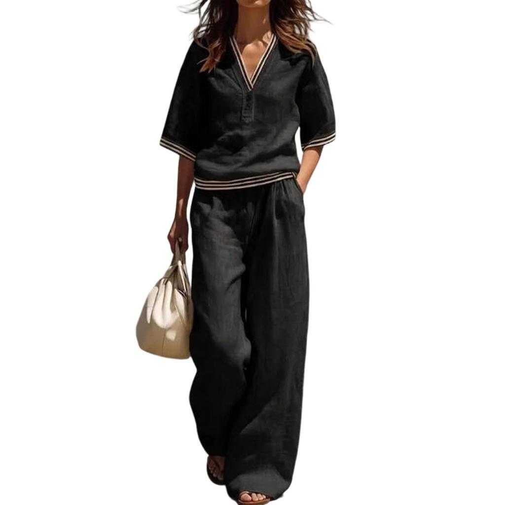 Damen Freizeit Zweiteiler V-Ausschnitt Kurzarm Top und Weite Hosen Lounge Outfit Leichter Bequemer Stoff Stilvolles Design