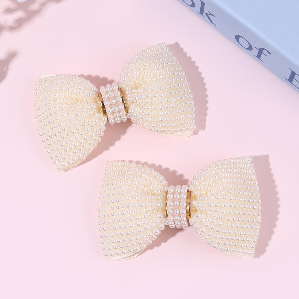 2Pcs Elegant Beige Pearls Bow Hair Clips Sweet Gold Ring Pearl Hairpins Fully Pearl-Covered Barrette For Girls Women Accessories