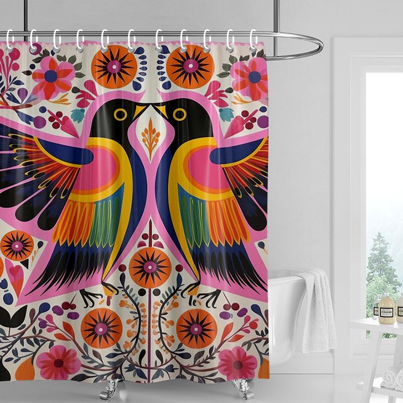 Cartoon Bienen Duschvorhang, Schwarz & Orange Streifen mit Rosa Floralem Hintergrund, Wasserdichte Badezimmerdeko für Kinder & Moderne Wohnungen