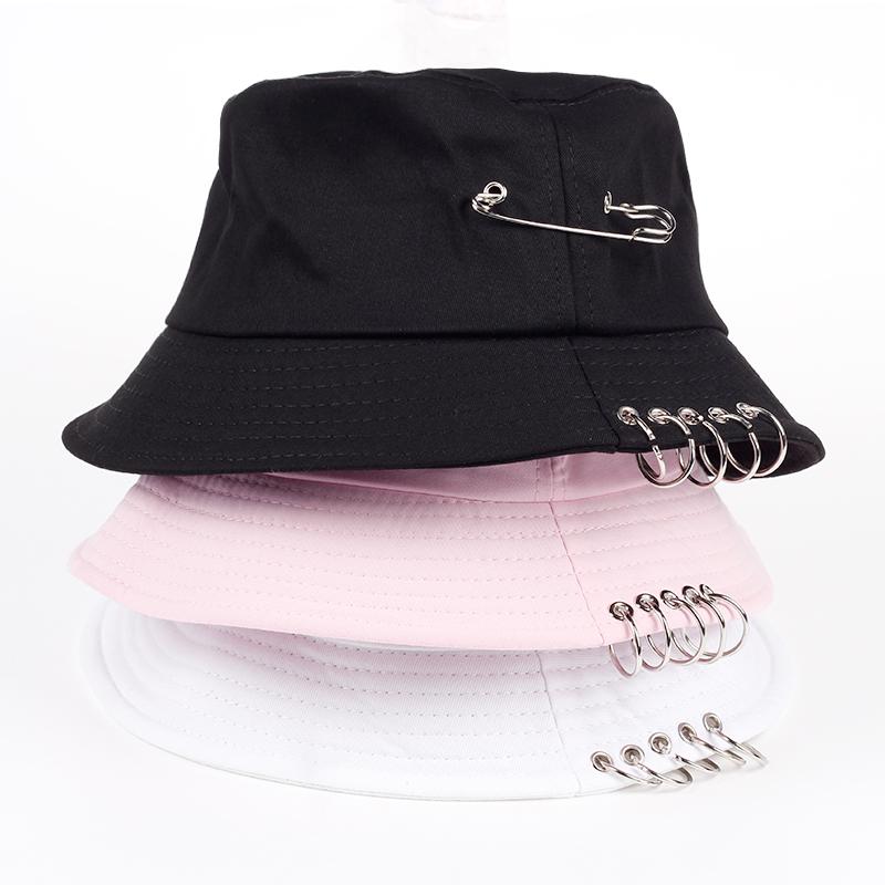 

Суцільний колір залізних кілець-штифтів особистості кепка Bucket Hat для унісекс жінок чоловіків бавовняні рибальські кепки білий