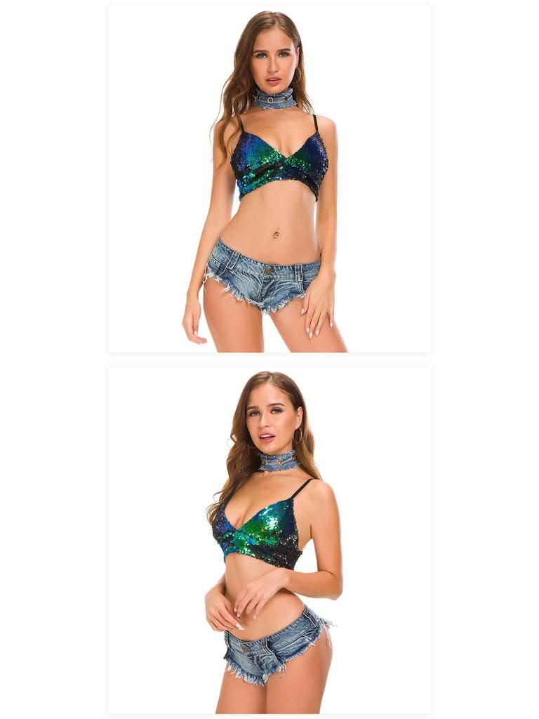 2024 New Women's Sexy Summer Denim Shorts - European & American Style with Sequins & Rips