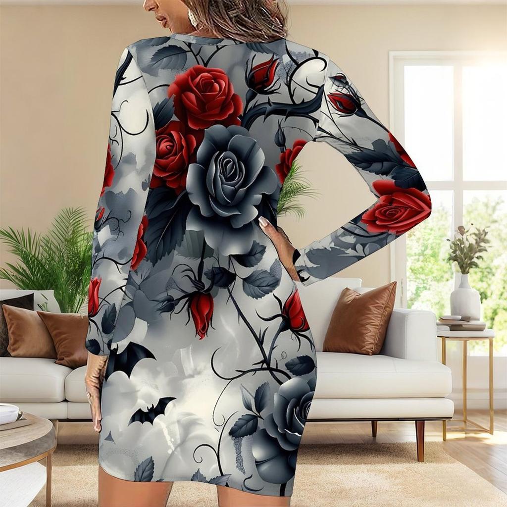 2025 Outono e Inverno Novo Estampa Floral 3D e Tingimento Moda Feminina Manga Longa Gola Redonda Vestido Envolvente de Quadril Dia dos Namorados Limitado