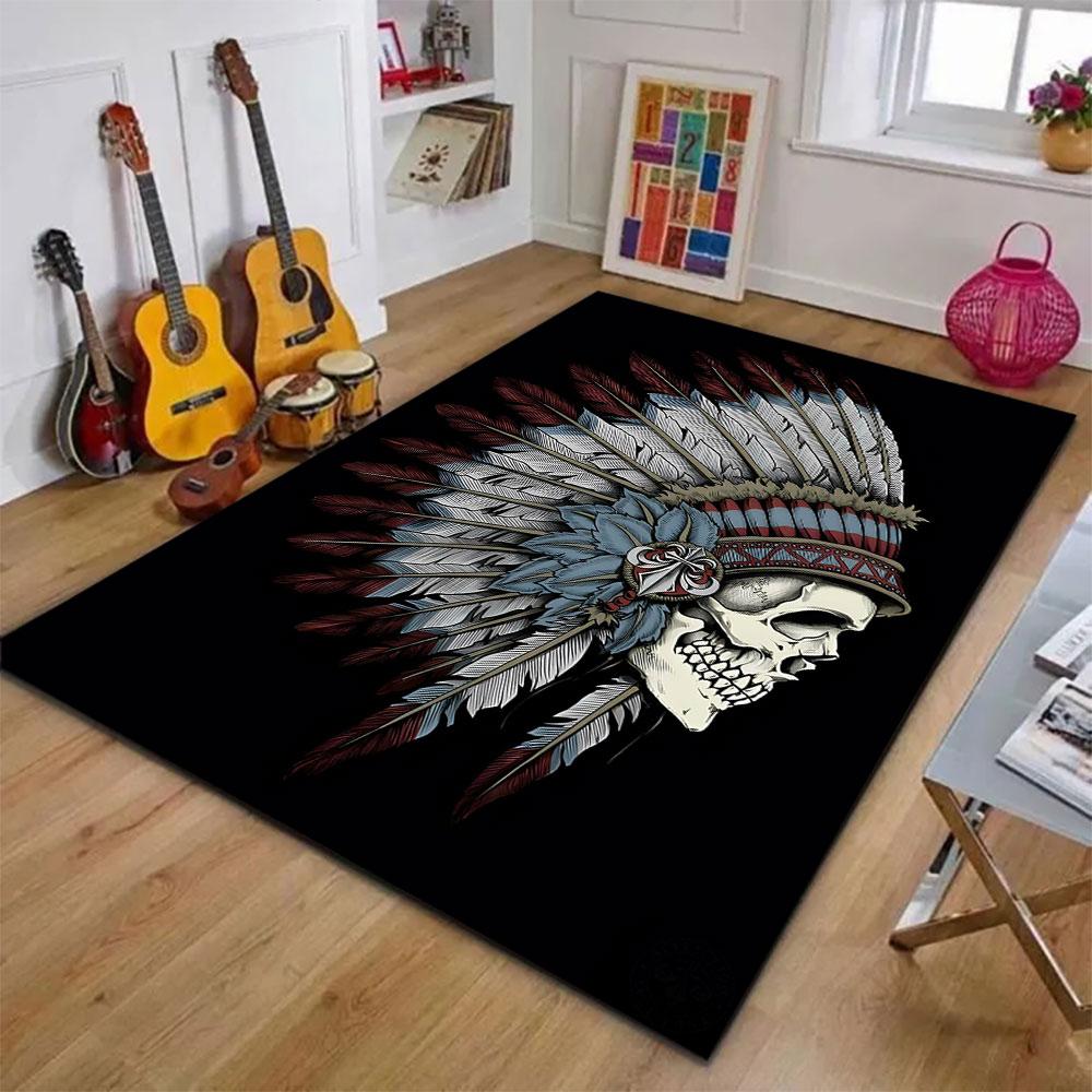 Skull with Feathered Headdress Patterned Carpet, Suitable As a Non Slip Play Mat for the Living Room and Bedroom Sofa