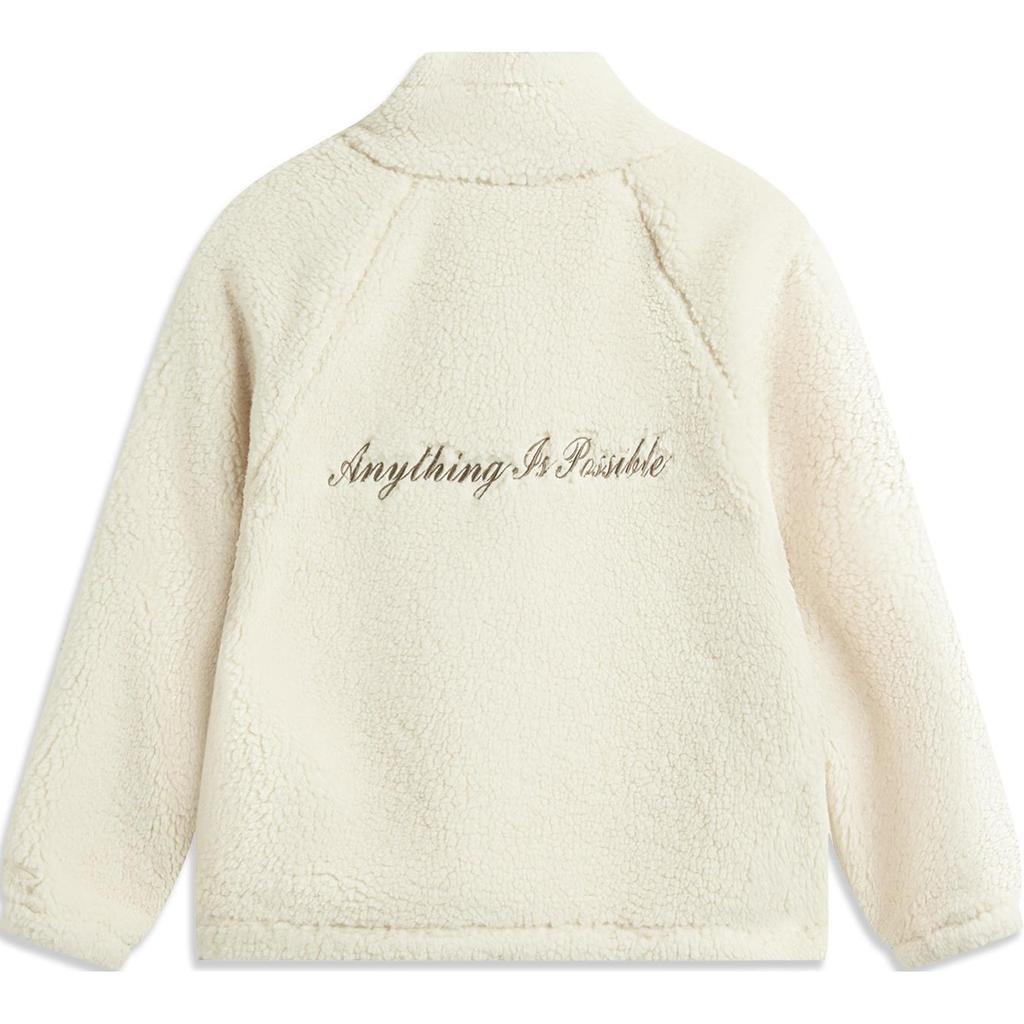 Li-Ning Jaqueta de Fleece Confortável Casual Minimalista com Gola Alta e Zíper para Mulheres jaquetas Branco-Cisne AFDUD66-1